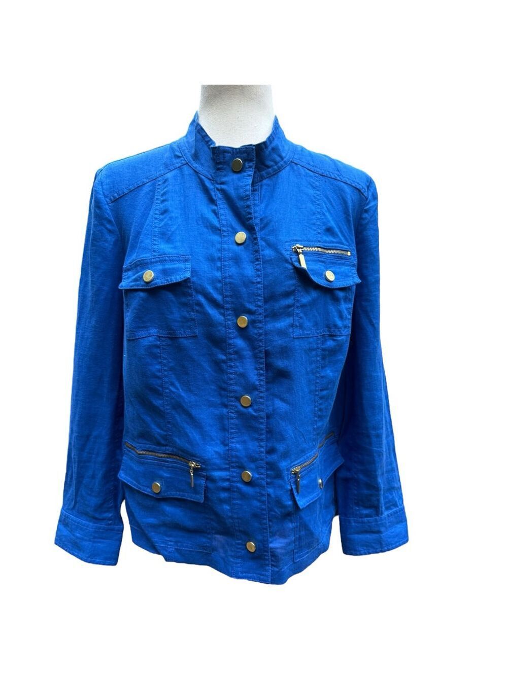 Chico’s 100% Linen Blue Utility Jacket Size 1 (M) Gold Zip Pocket Detail Classic